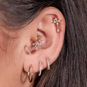 S925 silver gold floral cartilage earrings and huggie hoops set with diamonds