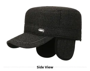 Detail of grey wool flat top winter hat showing side view with ear flaps and metal buckle