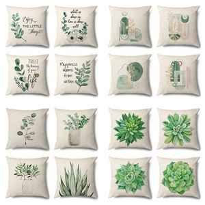 Grid view of various linen pillow covers with succulent plants and quotes in Nordic style