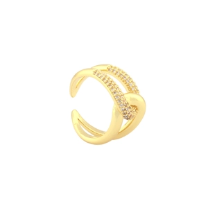 Modern double layer gold ear cuff with zircon crystals in a crisscross design