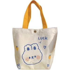Cute white canvas tote bag with yellow handles featuring luck rabbit print design