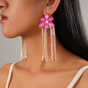 Boucles D'Oreilles Pendantes Fleur Rose Strass À Gland Pour Femmes Avec Tige En Acier Bijoux Luxe