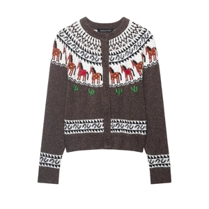 Women Knitted Cardigan Sweater Long Sleeve Round Neck Button Down Fair Isle Horse Cactus Pattern Retro Ethnic Knitwear