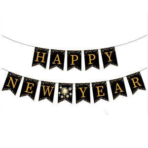 Black and gold Happy New Year banner featuring festive fireworks and stars for party decor