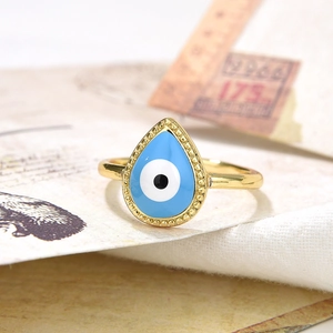 Golden evil eye adjustable open ring with blue enamel and teardrop shape design