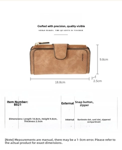 Women's long PU leather wallet with multiple card slots, coin pocket, and snap closure.