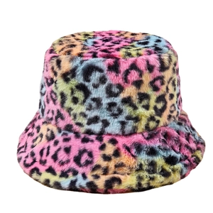 Colorful faux fur leopard print bucket hat with soft plush texture for winter warmth