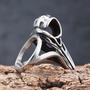 Vintage Viking raven skull ring in stainless steel with intricate hollow design