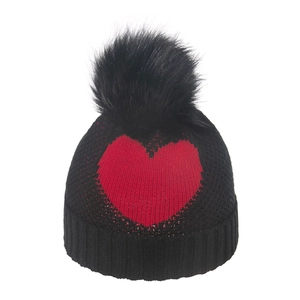 Kids Girls Heart Pattern Knitted Beanie Hat Winter Warm Acrylic Pom Pom Outdoor Cold Protection Ribbed Cuff