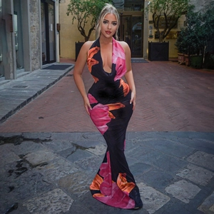 Halfter Neck Maxi Kleid Mit Blumendruck Sexy Rückenfreies Bodycon Sommerurlaub Partykleider Für Damen