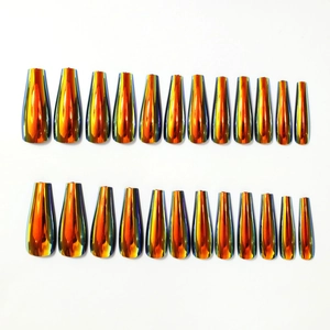 Lot de 24 faux ongles cercueil longs métallisés irisés avec finition chrome holographique