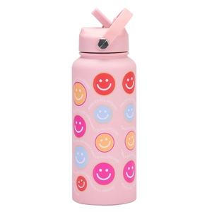 Pink matte stainless steel sports bottle with smile logo and convenient carry handle