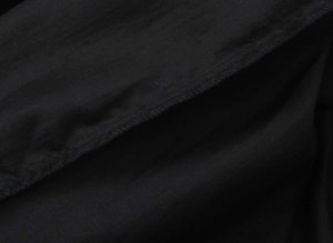 Detailed close-up showing the professional stitching and smooth fabric texture of a black shirt