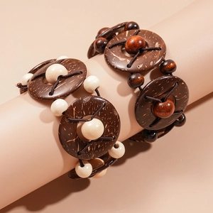 Ensemble de bracelets élastiques en perles de coco naturelles et bois marron