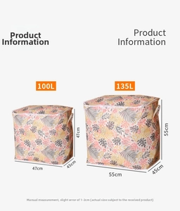 Detailed size chart showing dimensions for 100L and 135L fabric storage bags with leaf patterns