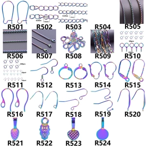 Detailed grid of assorted rainbow stainless steel jewelry findings and charms