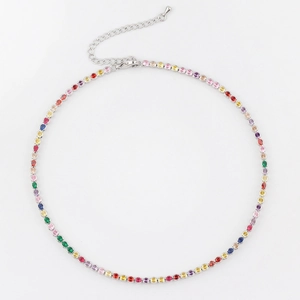 Colorful zircon rainbow tennis necklace with silver chain and adjustable lobster clasp