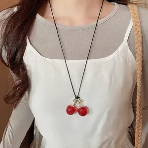 Forest style red cherry pendant necklace with adjustable wax cord for women