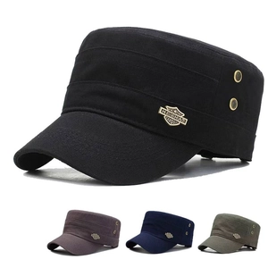 Men Cadet Cap Flat Top Military Hat Adjustable Polyester Cotton Sun Protection Outdoor Casual With Metal Badge