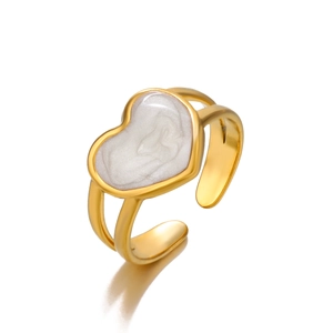 Minimalist gold adjustable heart ring with white enamel finish and dual-band design