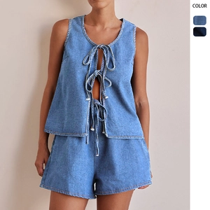 Women Denim Vest And Shorts Sleeveless Tie Front Top High Waist Summer Casual Streetwear