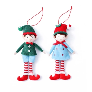 Pair of Christmas elf plush ornaments in green and red festive knitwear