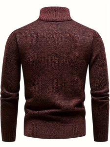 Back view of a men's thick knit sweater in burgundy with high-neck collar and ribbed texture