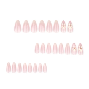 White flower almond press-on nails with golden beads and sheer pink jelly base set
