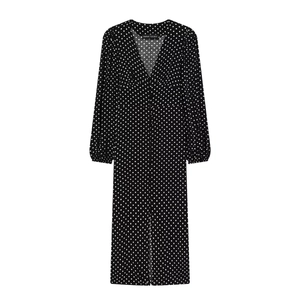 Vestito Maxi A Pois A Maniche Lunghe Da Donna Scollo A V Vita Alta Linea Ad A Bottoni Spacco Moda Elegante