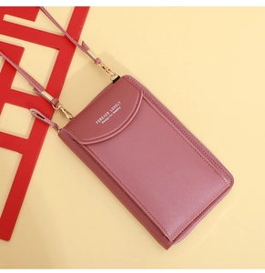 Top view of pink PU leather crossbody phone bag with strap and printed text design