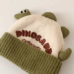 Kids winter knitted beanie with cute 3D dinosaur embroidery and warm thick lining