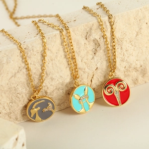 Titanium steel zodiac necklaces with colorful enamel pendants and sparkling zircon accents