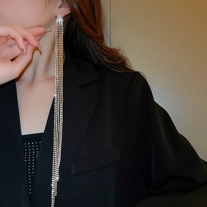 Élégantes boucles d'oreilles longues à pampilles en strass argentés sur mannequin