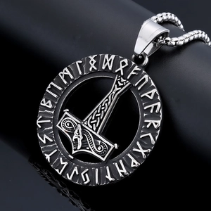 Nordic Viking Mjölnir pendant necklace with engraved runes on polished stainless steel