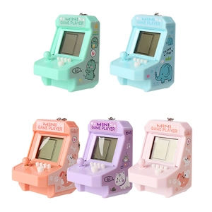 Five colorful mini handheld arcade game consoles with LCD screens and animal designs