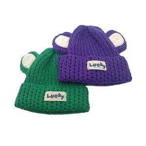 Bonnets tricotés mignons avec oreilles d'ours pour femmes en vert et violet, patch Lucky