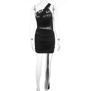Detailed back view of black one-shoulder ruched dress with sheer mesh and cutout design