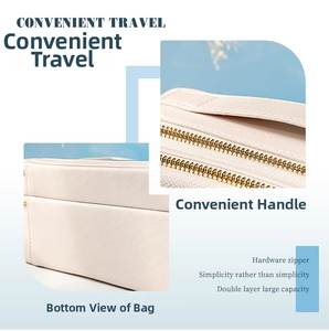 Detail of white PU wash bag with double-layer storage and golden zipper closure