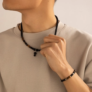 Men's hip hop necklace and bracelet set with black lava rock and brown tiger eye beads