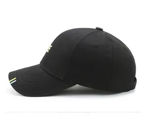 Detail of black cotton baseball cap showing side gold embroidery and breathable eyelets