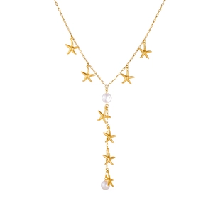 Gold-plated stainless steel Y-shaped necklace with starfish pendants and pearls