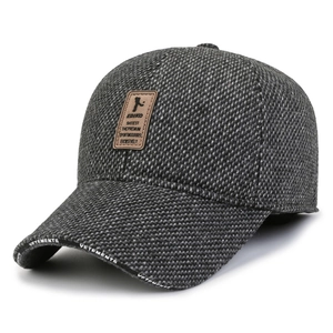Men's wool baseball cap with ear flaps and retro herringbone texture for winter warmth