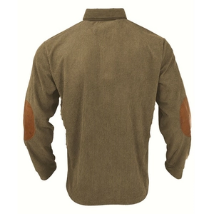 Detail of men's brown corduroy long sleeve shirt featuring dark suede elbow patches