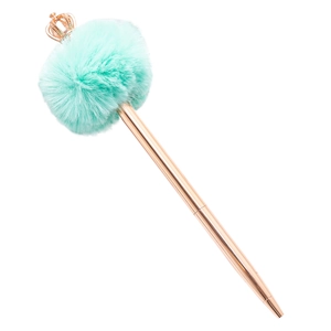 Penna a sfera in metallo oro rosa con grande pompon ciano e dettaglio corona dorata
