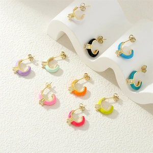 Colorful C-shape candy enamel hoop earrings with gold base and sparkling zircon detail