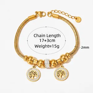Gold hollow Tree of Life charm bracelet with rhinestones and 17+3cm steel snake chain