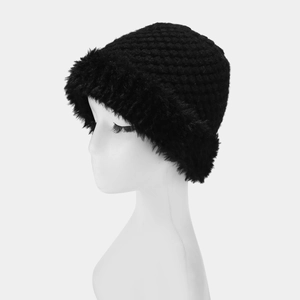 Detail shot of black knitted beanie featuring thick faux fur trim and bear ear design