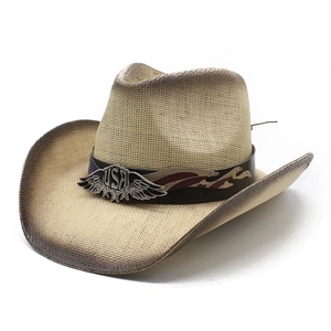 Chapeau de cowboy en paille style ethnique avec badge USA et protection solaire d'été