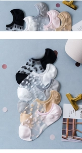 Close-up of sheer mesh low cut socks with polka dots and reinforced cotton heels
