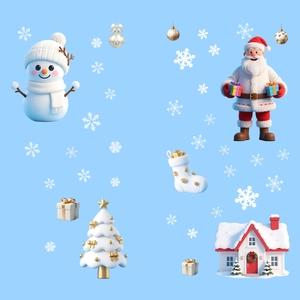 3D Christmas window stickers set featuring Santa, snowman, and tree on blue background